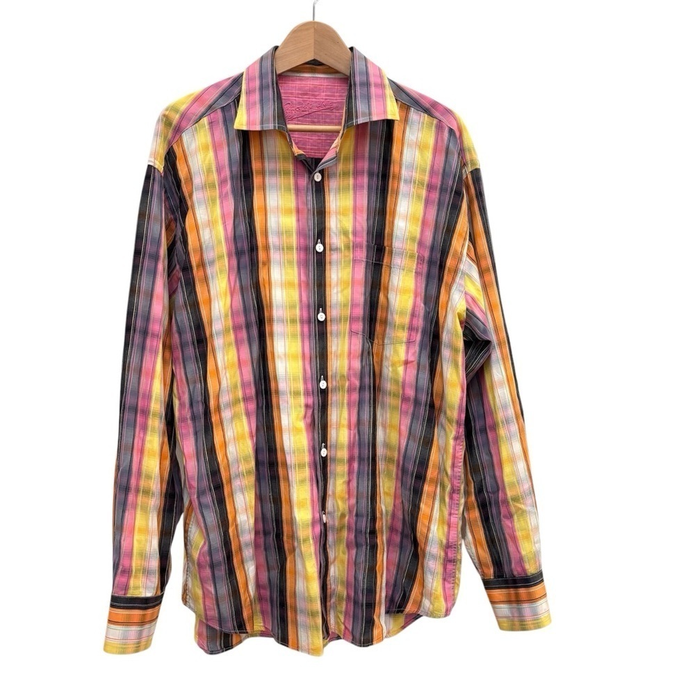 Bugatchi Uomo Men's Embroidered Flip Cuff Colorful Plaid Button Up Shirt XL